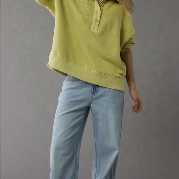 American Eagle Outfitters Button-Front Pullover Sweatshirt in Light Lime - Picture 2 of 5